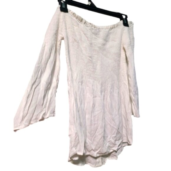 White Off-Shoulder Smocked Peasant Cottage Core Flounce Long Sleeve Crepe Top - Picture 10 of 11